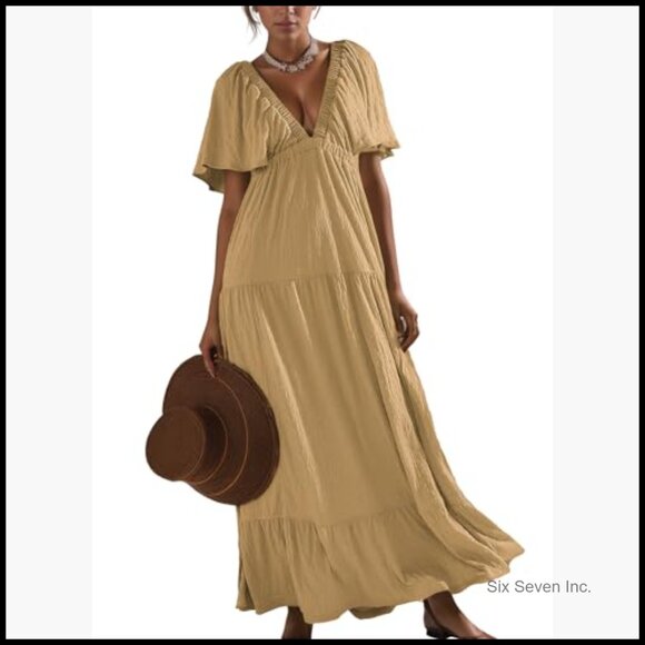 Polyester Maxi Dress with V-Neck Backless Design and Flutter Sleeves - Picture 4 of 7